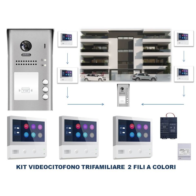 Kit Videocitofono 2 fili trifamiliare 3 monitor e 4 pulsanti a colori ipertronic